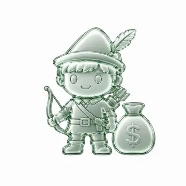 Glassy ROBBINGHOOD mascot holding a bow beside a money bag